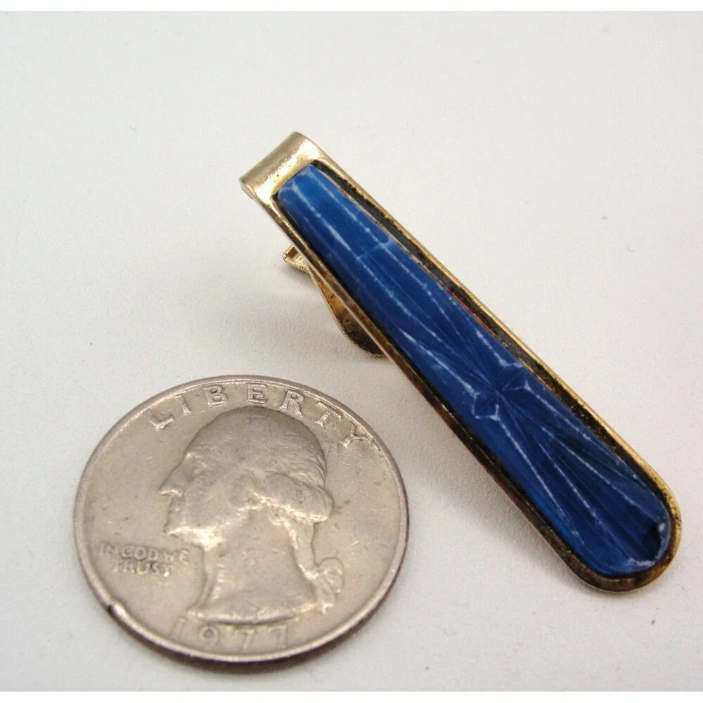 Vintage Swank MCM Cobalt Blue Starburst Atomic Cufflinks Tie Bar Set Gold Tone